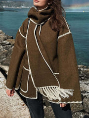 Inrosy manteau en laine veste en feutre à encolure frange écharpe boutonnage poches col rond femme élégant mode