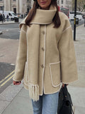 Inrosy manteau en laine veste en feutre à encolure frange écharpe boutonnage poches col rond femme élégant mode