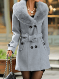 Inrosy mi-longue manteau en laine double boutonnage noeud papillon ceinture poches femme élégant mode veste