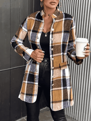 Inrosy manteau en laine officier carreaux double boutonnage poches col montant manches longues femme élégant mode
