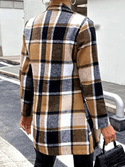 Inrosy manteau en laine officier carreaux double boutonnage poches col montant manches longues femme élégant mode