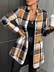 Inrosy manteau en laine officier carreaux double boutonnage poches col montant manches longues femme élégant mode