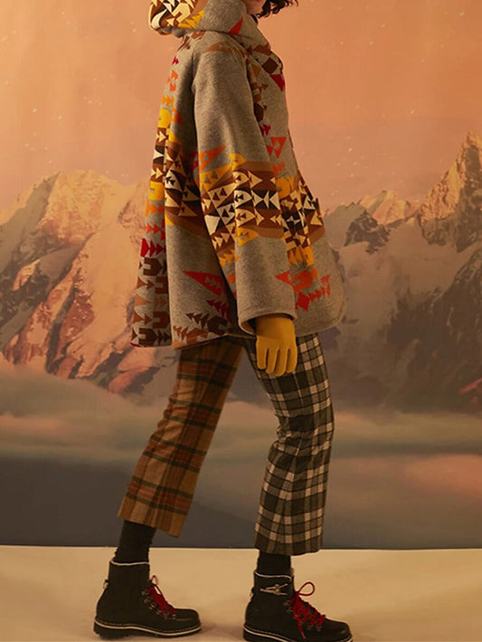 Inrosy court poncho manteau femme à capuche tribal géométrique décontracté vintage veste