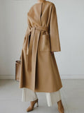Inrosy longue manteau en laine poches ceinture col rond femme élégant ample décontracté vintage veste