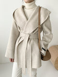 Inrosy mi-longue manteau en laine unicolore ceinture à capuche manches longues femme élégant décontracté veste