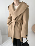Inrosy mi-longue manteau en laine unicolore ceinture à capuche manches longues femme élégant décontracté veste