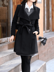 Inrosy mi-longue manteau en laine noeud papillon boutonnage poches ceinture col revers manches longues femme élégant mode