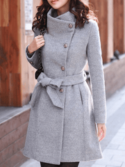 Inrosy mi-longue manteau en laine noeud papillon boutonnage poches ceinture col revers manches longues femme élégant mode