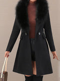 Inrosy mi-longue manteau en laine unicolore boutons ceinture fausse fourrure col manches longues femme élégant mode veste