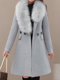 Inrosy mi-longue manteau en laine unicolore boutons ceinture fausse fourrure col manches longues femme élégant mode veste