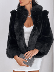 Inrosy court manteau en fausse fourrure unicolore manches longues femme élégant mode hiver veste noir
