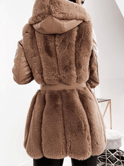 Inrosy mi-longue manteau en fausse fourrure simili cuir poches ceinture à capuche manches longues femme élégant mode hiver parka