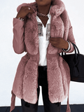 Inrosy mi-longue manteau en fausse fourrure simili cuir poches ceinture à capuche manches longues femme élégant mode hiver parka