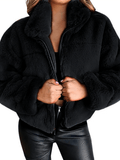 Inrosy court manteau en fausse fourrure col montant fermeture éclair manches longues femme élégant mode hiver veste