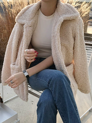 Inrosy court veste en teddy coat boutonnage poches col revers manches longues femme casual ample décontracté hiver manteau