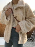 Inrosy court veste en teddy coat boutonnage poches col revers manches longues femme casual ample décontracté hiver manteau