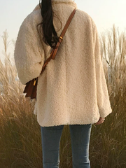Inrosy court veste en teddy coat boutonnage poches col revers manches longues femme casual ample décontracté hiver manteau