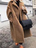 Inrosy longue manteau en teddy coat boutons poches col revers manches longues femme élégant mode décontracté hiver veste camel