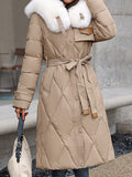 Inrosy longue manteau doudoune ceinture fausse fourrure col manches longues femme casual élégant mode hiver veste