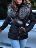 Inrosy court manteau doudoune fausse fourrure col moulante ceinture poches manches longues femme décontracté hiver veste