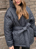 Inrosy mi-longue manteau doudoune à capuche ceinture manches longues femme casual mode décontracté veste matelassée hiver