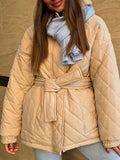 Inrosy mi-longue manteau doudoune à capuche ceinture manches longues femme casual mode décontracté veste matelassée hiver