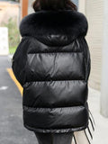 Inrosy court manteau doudoune à capuche vinyl poches fermeture éclair cloutée à capuche manches longues femme mode hiver veste