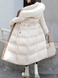 Inrosy longue manteau doudoune fausse fourrure à capuche poches ceinture femme casual décontracté hiver veste