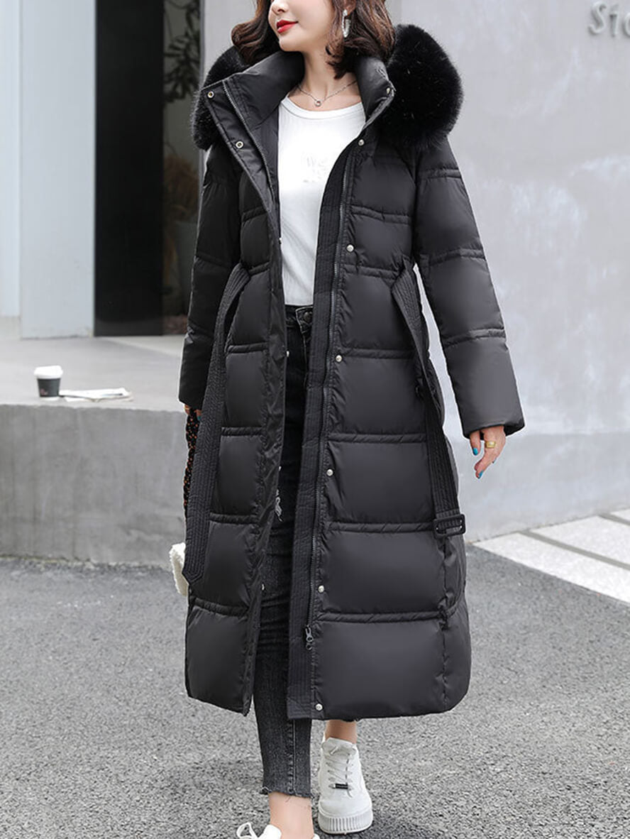 Inrosy longue manteau doudoune fausse fourrure à capuche poches ceinture femme casual décontracté hiver veste