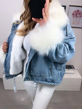 Inrosy parka en jean doublé polaire fausse fourrure col poches manches longues femme mode décontracté hiver vestes blanche bleu