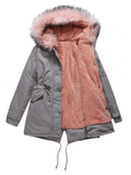Inrosy mi-longue parka doublé polaire fendu boutonnage poches fermeture éclair fausse fourrure à capuche femme mode hiver veste