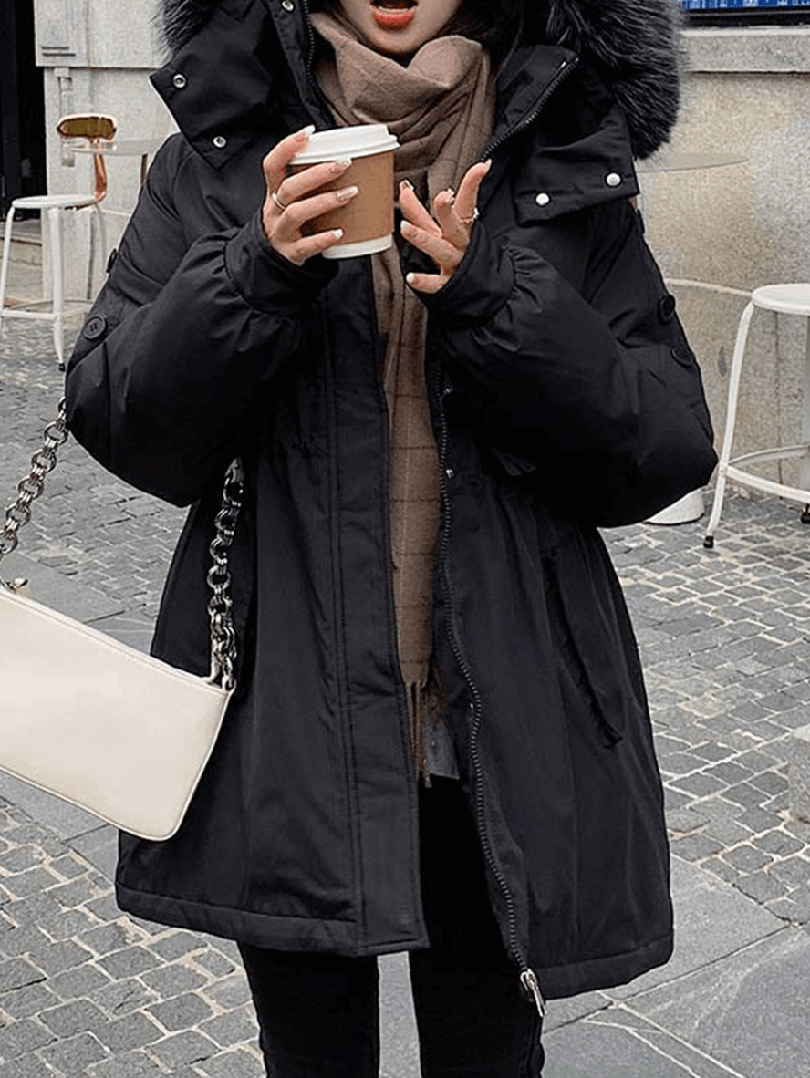Inrosy mi-longue parka à capuche boutons poches fermeture éclair manches longues femme mode oversized décontracté hiver manteau