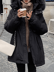Inrosy mi-longue parka à capuche boutons poches fermeture éclair manches longues femme mode oversized décontracté hiver manteau