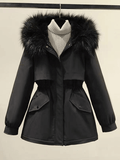 Inrosy mi-longue parka à capuche doublé polaire boutons poches ceinture manches longues femme décontracté hiver manteau