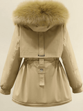 Inrosy mi-longue parka à capuche doublé polaire boutons poches ceinture manches longues femme décontracté hiver manteau