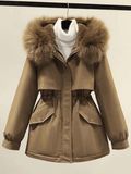 Inrosy mi-longue parka à capuche doublé polaire boutons poches ceinture manches longues femme décontracté hiver manteau