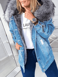 Inrosy mi-longue parka intérieur fourrure veste en jean déchiré troué polaire poches à capuche femme décontracté veste