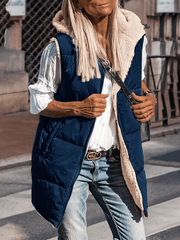 Inrosy gilet à capuche réversible veste poches fermeture éclair sans manches femme casual mode oversized décontracté débardeur