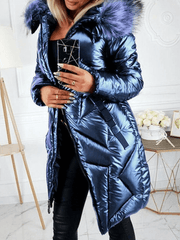 Inrosy mi-longue manteau en vinyl poches fermeture éclair à capuche fausse fourrure col femme oversized décontracté hiver veste