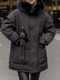 Inrosy mi-longue manteau doudoune à capuche fausse fourrure col boutons poches femme oversized décontracté hiver veste