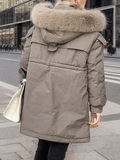 Inrosy mi-longue manteau doudoune à capuche fausse fourrure col boutons poches femme oversized décontracté hiver veste