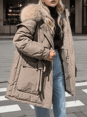 Inrosy mi-longue manteau doudoune à capuche fausse fourrure col boutons poches femme oversized décontracté hiver veste