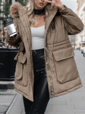 Inrosy mi-longue manteau doudoune à capuche fausse fourrure col boutons poches femme oversized décontracté hiver veste