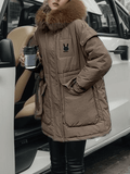 Inrosy mi-longue manteau doudoune à capuche fausse fourrure col boutons poches femme oversized décontracté hiver veste