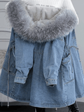 Inrosy mi-longue parka en jean doublé polaire nœud poches à capuche manches longues femme oversized décontracté hiver manteau