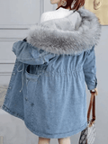 Inrosy mi-longue parka en jean doublé polaire nœud poches à capuche manches longues femme oversized décontracté hiver manteau