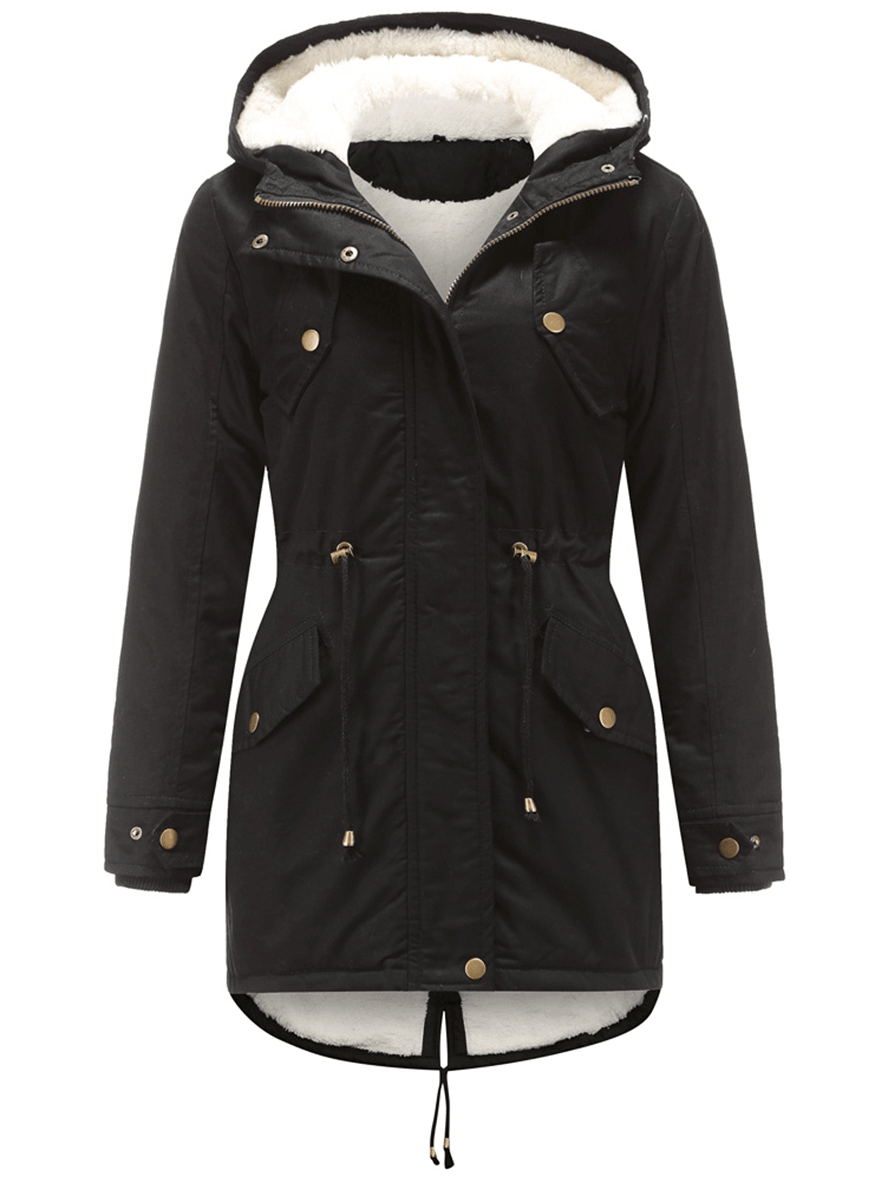 Inrosy mi-longue parka à capuche unicolore boutons poches fermeture éclair manches longues femme mode décontracté hiver veste