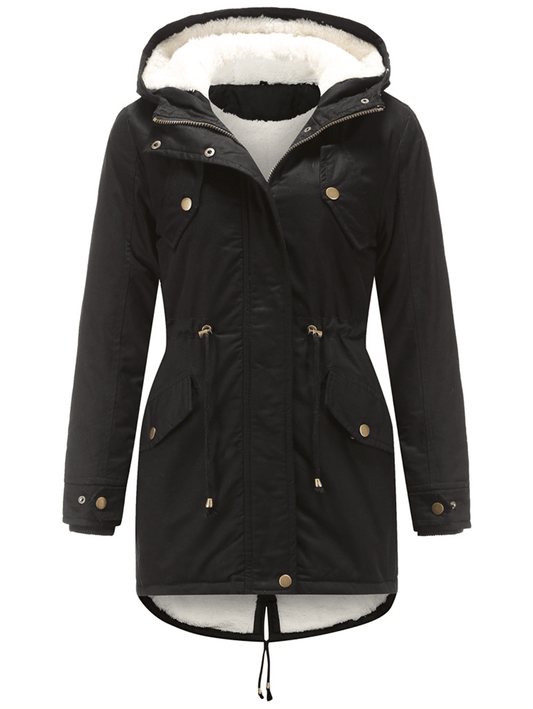 Inrosy mi-longue parka à capuche unicolore boutons poches fermeture éclair manches longues femme mode décontracté hiver veste