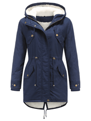 Inrosy mi-longue parka à capuche unicolore boutons poches fermeture éclair manches longues femme mode décontracté hiver veste