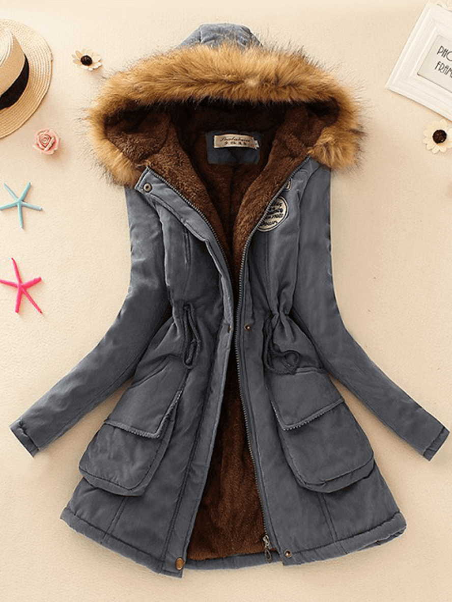 Inrosy mi-longue parka intérieur fourrure à capuche boutons poches fermeture éclair manches longues femme mode décontracté